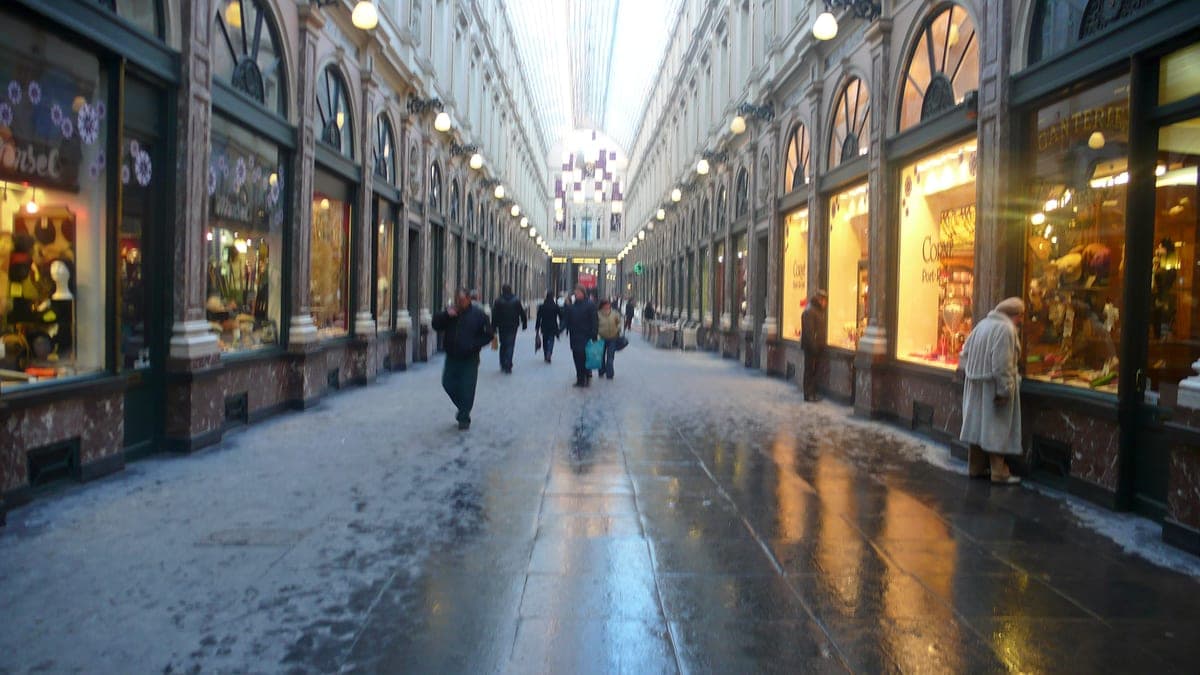 Interiorul Galeriilor Regale Saint-Hubert, cu acoperişul de sticlă şi vitrinele.