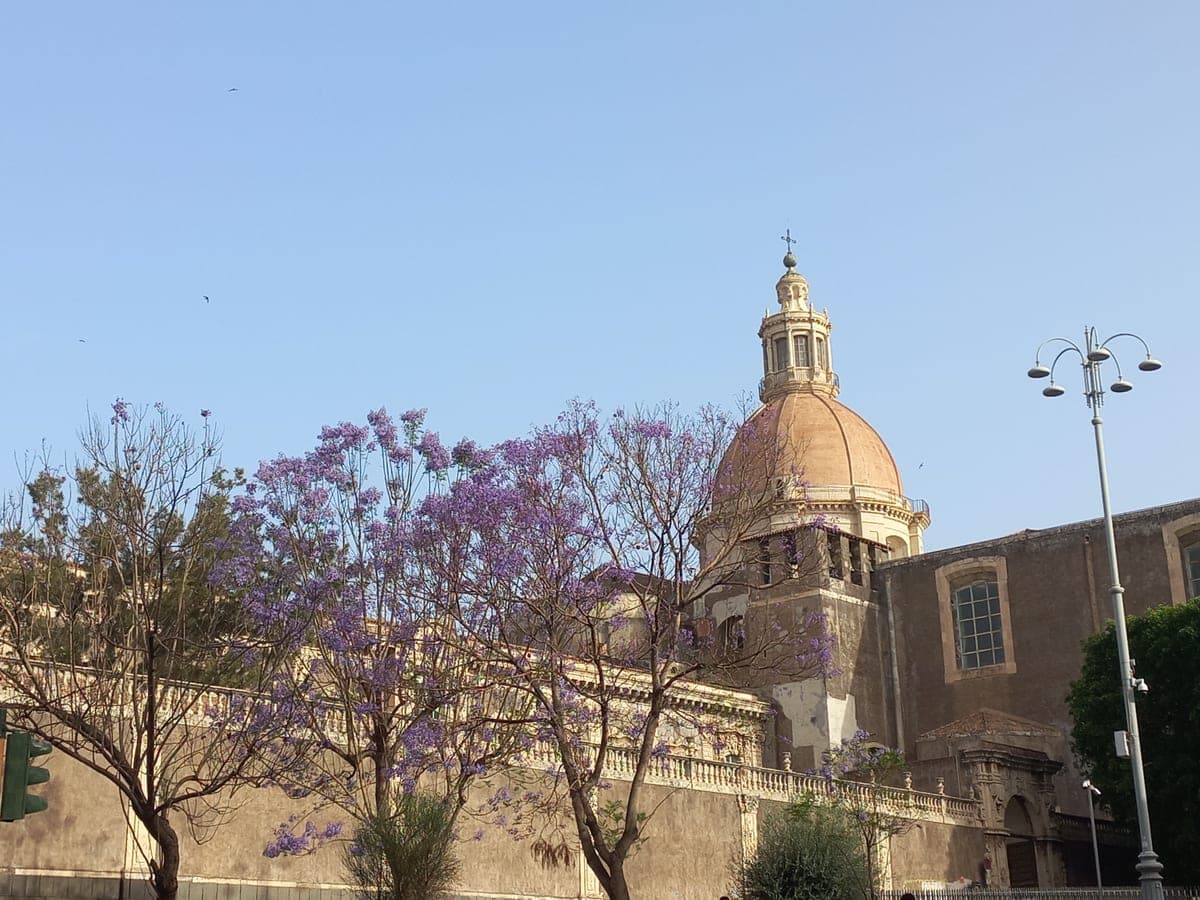 Cupola bisericii San Nicolò l'Arena, lângă Mănăstirea Benedictinilor, văzută din stradă.