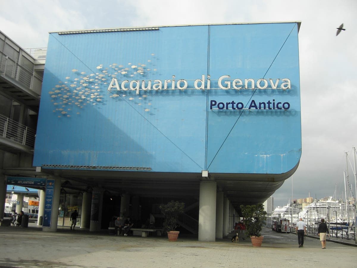 Clădirea albastră a Acvariului din Genova, în Porto Antico.