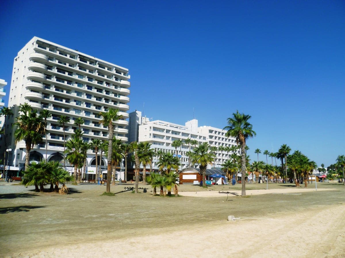 Plaja Finikoudes din Larnaca, cu palmieri și hotelurile de pe faleză.