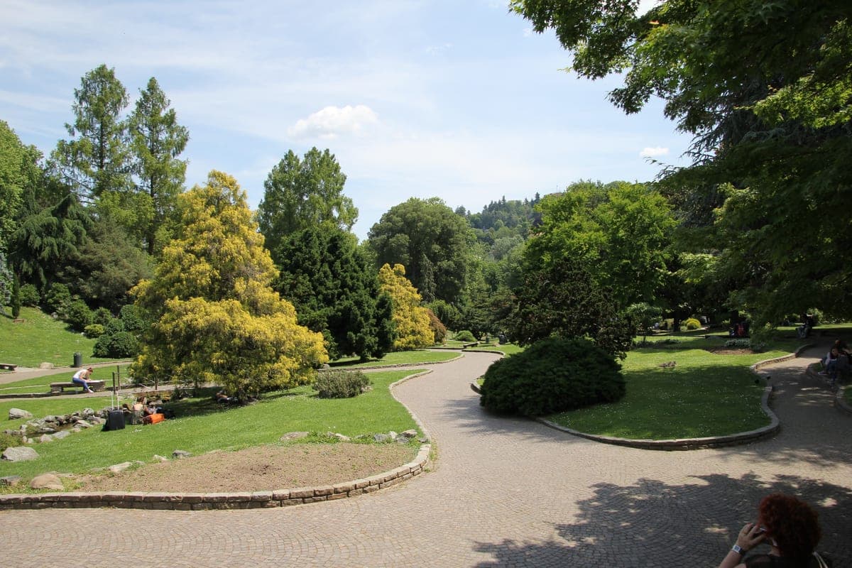 Alei și straturi de flori printre copaci în Parco del Valentino.